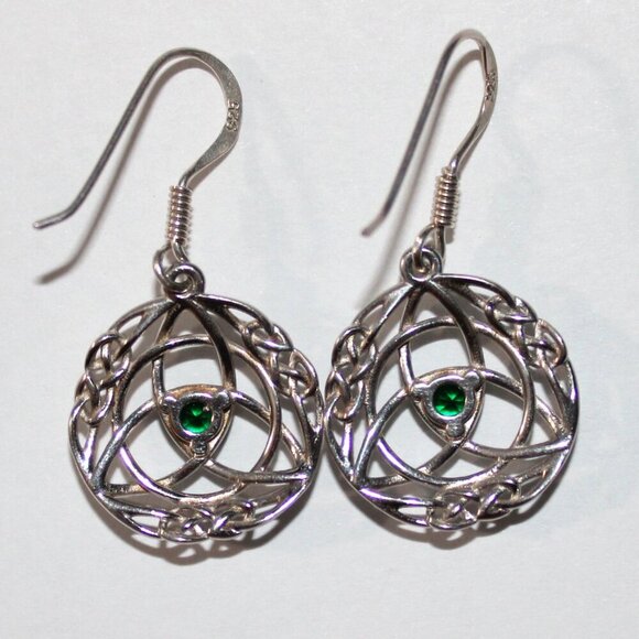 Sterling Silver Green Glass Celtic Knot Earrings - Picture 2 of 4